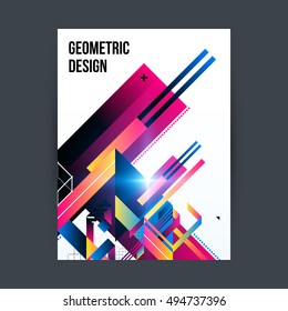 Poster/cover design template with shiny geometric shapes on white background.