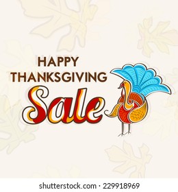Poster,flyer or banner of sale for Thanksgiving Day with turkey bird on maple leaves decorated background.