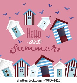 poster,Hello Summer, with beach houses, seagulls and ocean waves on coral background