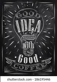 Posterlettering  good idea begins with a good coffee in vintage style drawing with chalk on blackboard.