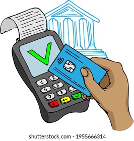 POS-terminal with approved transaction prints a check on a doodle bank building background. Vector illustration