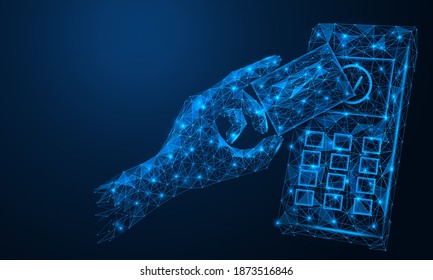 POS-terminal. Contactless payment by Bank credit card using NFC. Polygonal construction of concatenated lines and points. Blue background.