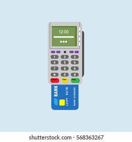 POS-terminal with credit card inserted flat illustration isolated on the white background. Money transaction