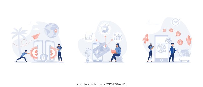 Pos-terminal and payment systems. transfers money. Virtual finance concept with outline people, set flat modern vector illustration