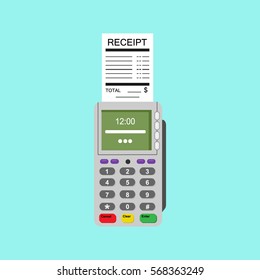 POS-terminal with receipt inserted flat illustration isolated on the white background. Money transaction