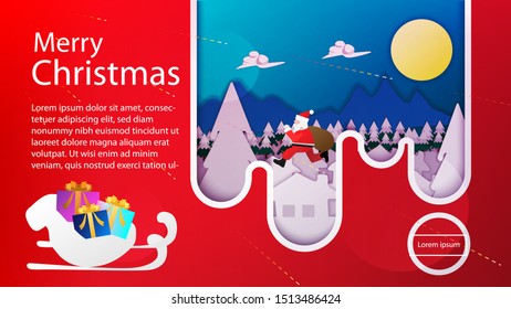 The poster/page cover design in modern minimal geometric pattern Christmas background picture of Santa Claus running on the house's roof sending the presents at night. ( vector )