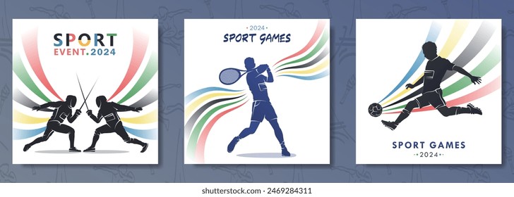 Posters for the 2024 sport championship in Paris with silhouette of male tennis player, two fencers and soccer player with colors stripes or colorful wavy rainbow on white background