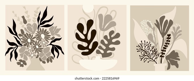 Posters with abstract flowers. Matisse-inspired floral prints set. Trendy contemporary wall art. Placards for interior design and decor. Modern artwork. Flat vector illustration in pastel beige colors