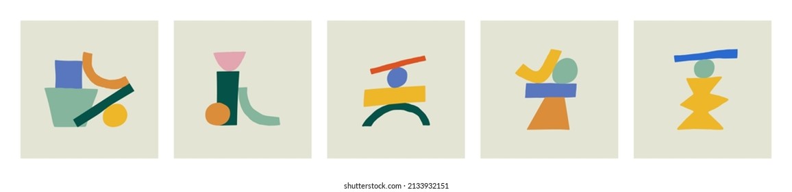 Posters with abstract geometric shapes. Set in trendy colors. Compositions with different forms like rectangle, arc, square, circle, trapezoid, polygon etc. Hand drawn illustrations.