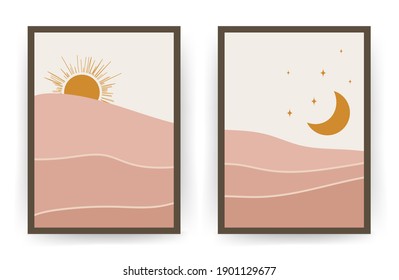 Posters with abstract moon. Scandinavian design for wallpaper and home decor. Contemporary geometric backgrounds. Modern vector illustration in flat style.