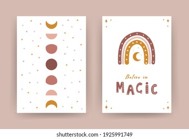 Posters with abstract rainbow and moon. Believe in magic. Scandinavian design for wallpaper and home decor. Contemporary geometric backgrounds. Modern vector illustration in flat style.