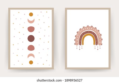 Posters with abstract rainbow and moon. Scandinavian design for wallpaper and home decor. Contemporary geometric backgrounds. Modern vector illustration in flat style.