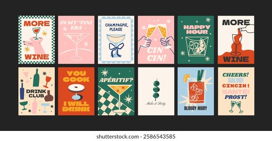 Posters with alcoholic cocktails for the kitchen and cards for the party. Drinks in glass jars and glasses. Wall decor for cafes, restaurants. Gift cards with champagne, gin tonic in cartoon 90s style