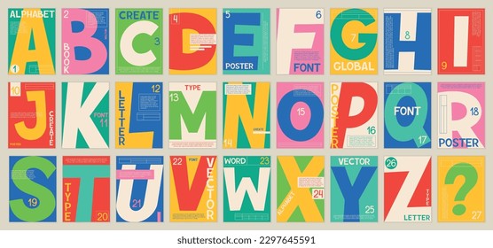 Posters with alphabet. Colorful cards or banners with bright letters. Calligraphy and typography. Design elements for cover and magazine. Cartoon flat vector illustrations isolated on white background