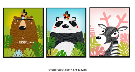 Posters with animals. Cartoon characters. Cartoon animals. Bear, panda, fawn