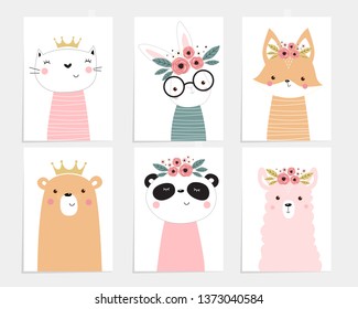 Posters with animals. Cartoon characters. Cartoon animals. Cat, rabbit, squirrel, fox, bear, panda, llama, alpaca
