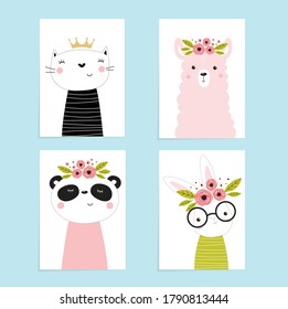 Posters with animals. Cartoon characters. Cartoon animals. Cat, rabbit, panda, llama, alpaca
