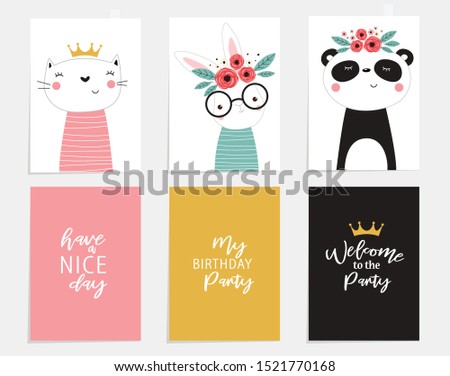 Posters with animals. Cartoon characters. Cartoon animals. Cat, rabbit, bear, panda. typographic posters "have a nice day", "my birthday party", "welcome to the party"