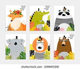 Posters with animals. Cartoon characters. Cartoon animals. Lion, crocodile, panda, fox, bear, koala