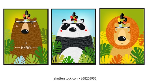 Posters with animals. Cartoon characters. Cartoon animals.  lion, bear, panda.