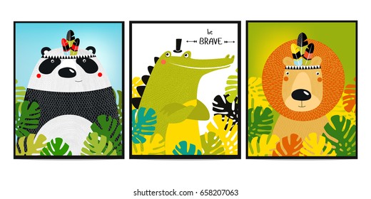 Posters with animals. Cartoon characters. Cartoon animals. Lion, crocodile, panda.