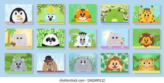 Posters with animals. Animals: penguin parrot tiger Rhino elephant monkey Hippo Zebra Panda lion Koala walrus giraffe toad leopard. Set of banners backgrounds flyers posters design. Vector.