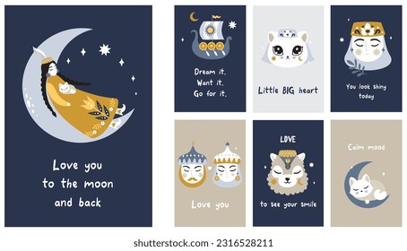 Posters arabian fairytale elements moon cat fairytale flower tulip history tatar ornament muslim arabic night logo woman man horse moon love moon back dream calm mood big heart card postcards decor 