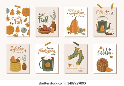 Posters of autumn vector illustration with hand lettering. Trendy color palette and black ink calligraphy. Cute typography elements.