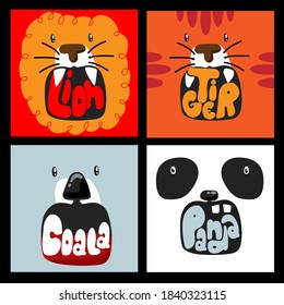  Posters for baby  And fonts Font in mouth Cute simple animal portraits tiger bear koala lion panda Great for designing clothes Black background .