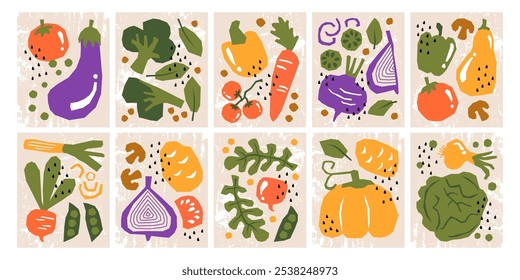 Posters backgrounds templates set with hand drawn fresh natural vegetables and greenery. Culinary ingredients, organic groceries food, rustic farm harvest, supermarket assortment vector illustration