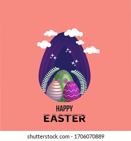 Carteles y pancartas con huevos de Pascua en el nido con fondo morado y rosa, saludos de Pascua