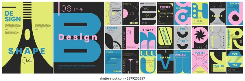 Posters or banners collection of brutalism modern font type. Aesthetics latin alphabet in brutal style. Set of geometric capital letters of abstract vintage shapes in square for cover design.