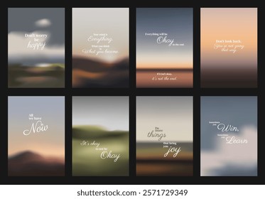 Posters with blurred nature backgrounds. Each poster features an inspirational quote in elegant typography. Motivational and uplifting designs. Aesthetic inspirational quote poster template vectors.