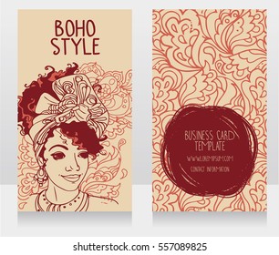 posters for boho style with beautiful African American woman, vector illustration