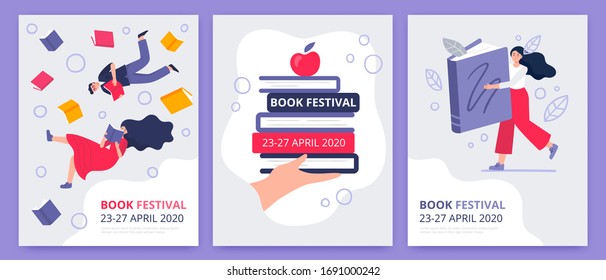 Posters of the book festival. The girl read a giant book, human handholds a stack of new bestsellers, a couple flying in book space. Colorful vector illustration for festivals, event promoters.