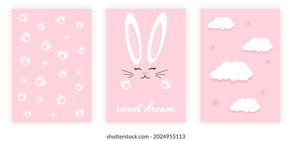 Posters with Bunny. Abstract poster with paws, hare and clouds on pink background. Design element for printing on fabric and decorating wall. Cartoon flat vector collection isolated on white backdroup