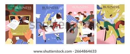 Posters with business processes set. Office workers are coworking. Working of businessmen. Workflow of employees. Concepts of analysis, meeting, teamwork, and getting offer. Flat vector illustrations