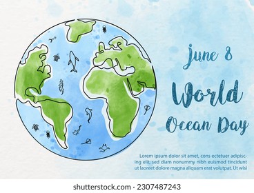 Poster's campaign of World ocean day in line art and watercolors style with vector design.