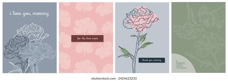 Posters cards for Mother's Day. Carnation flowers and congratulations for mothers. Collection of cards with linear flowers carnations, aesthetic minimalism, vector