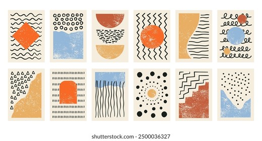 Posters and cards templates collection with abstract grunge hand drawn geometric shapes and lines. Retro vintage wallpaper backgrounds with simple rough graphic doodle elements vector illustration