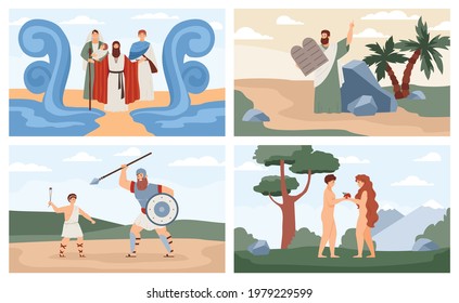 Posters with characters of story christian holy bible - adam and eve, david and goliath, exodus and ten commandments on stone tablets prophet moses. Flat vector illustrations.