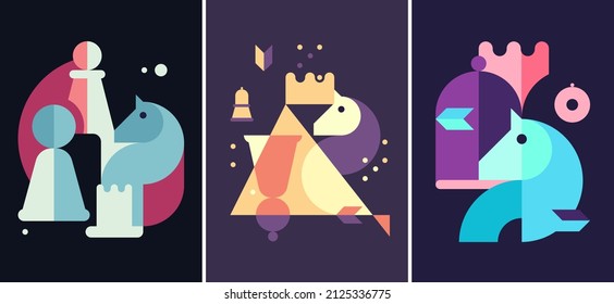 Posters with chess pieces and geometric shapes. Set of placard designs in abstract style.