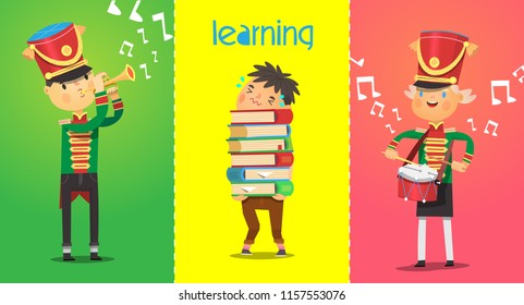 Posters with children characters of school age. Musicians are playing music instruments. Boy is carrying a heavy stack of books from the library to study. Isolated vector images