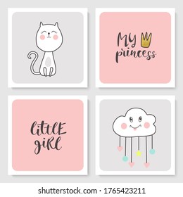 Posters for children room, nursery decor, interior design.Set of cards with cute cat, cloud and hand-drawn lettering. Vector illustration.