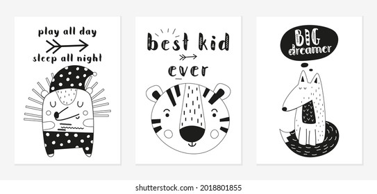 Posters for childrens room forest nursery decor. Woodland animals fox, tiger, hedgehog. Black and white kids prints set. Vector illustration.