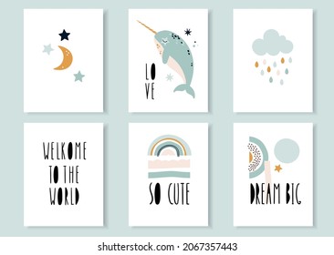 Posters for the children's room in the Scandinavian style. Cute narwhal with rainbows and clouds.