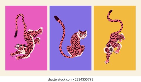 Afiches con tigre chino al groovy estilo chino. Hermoso diseño abstracto de impresión animal. Para tela, arte mural, diseño interior, publicación en medios sociales, embalaje.