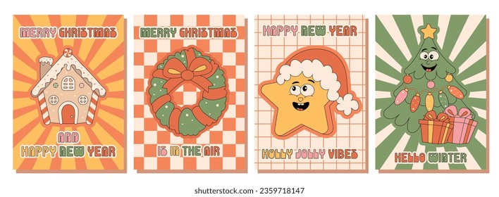 Afiches de personajes navideños al estilo de los dibujos retro de los años 70 y 80. Casa de pan de jengibre, árbol de Navidad, corona, personajes de la época estrella. Ilustración vectorial.