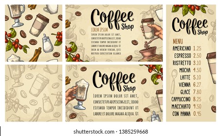 Posters coffee. Vintage color vector engraving on beige