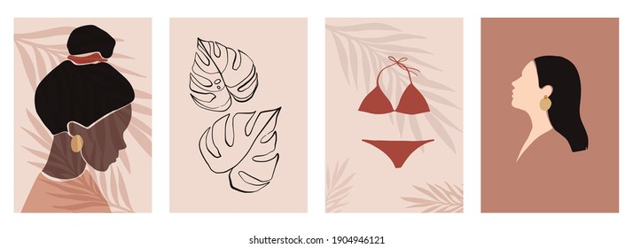 Posters collection. Abstract colorful woman vector portraits. Contemporary art with terracotta colors. Monstera leaves and swimwear. Tropical vibes. Perfect for print, poster, social media